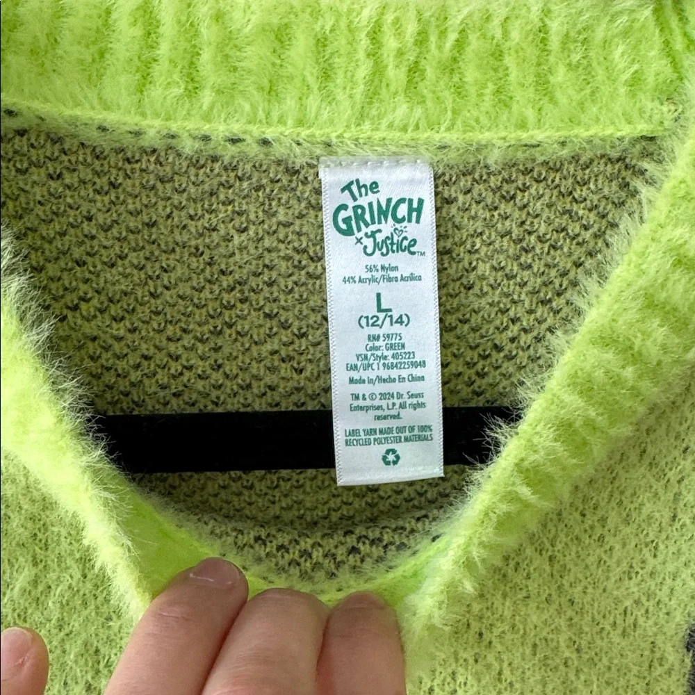 Justice Girls Grinch Sweater, Size Large NWOT